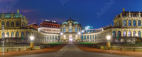 Panorama of Palace in Rococo style and museum Zwinger at night in Dresden, Saxony, eastern Germany