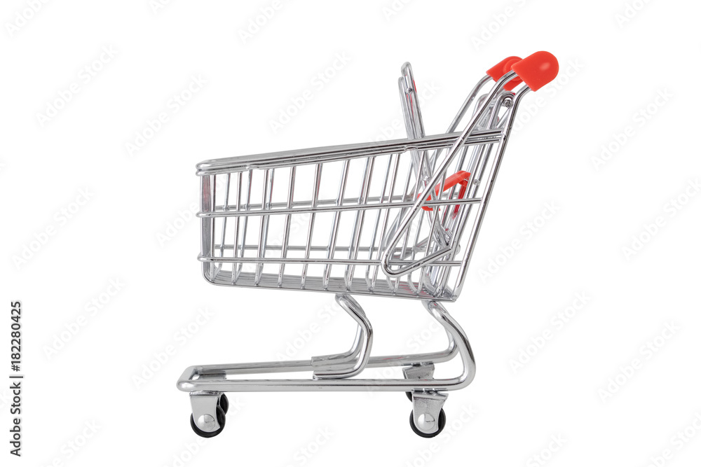 Empty mini shopping cart isolated on white background.