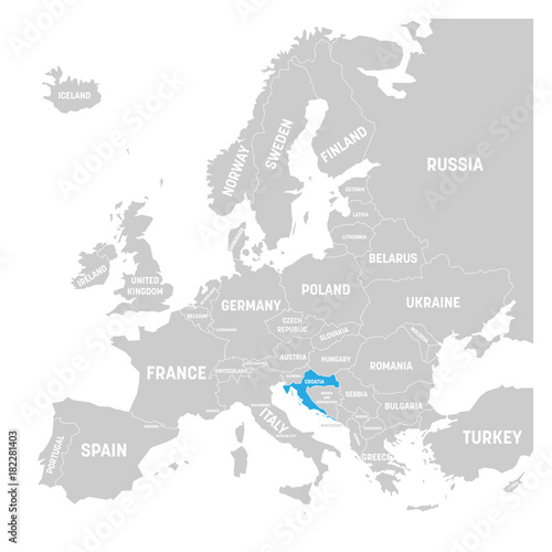 Croatia marked by blue in grey political map of Europe. Vector illustration.