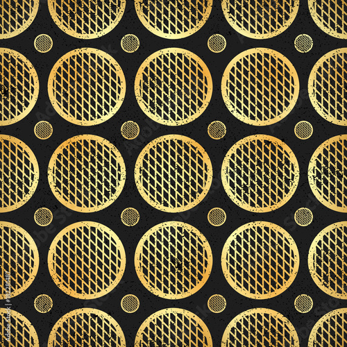 Checkered pattern of black and golden circles. Black and gold pattern of circles in the mesh. Vector seamless