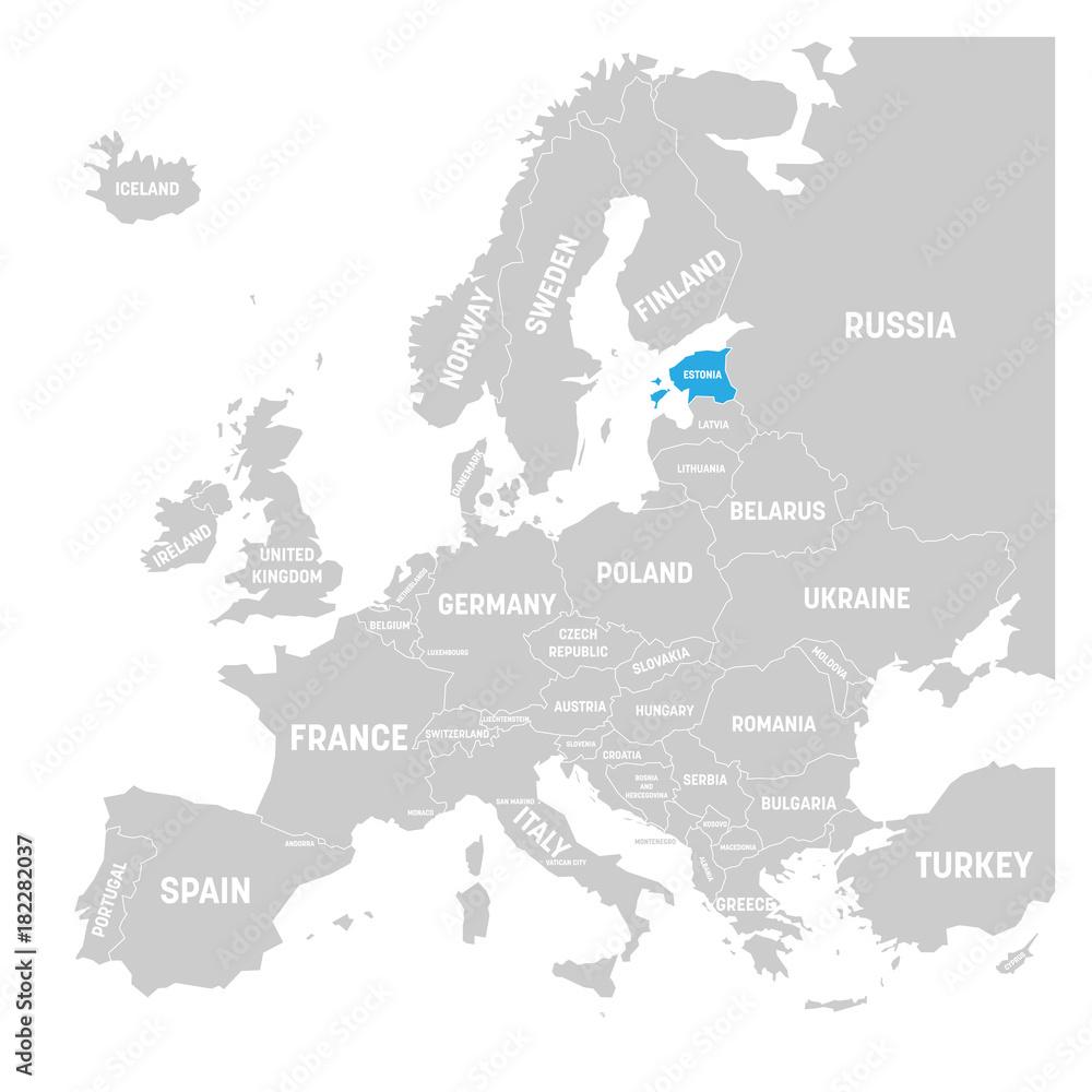 Fototapeta Estonia marked by blue in grey political map of Europe. Vector illustration.