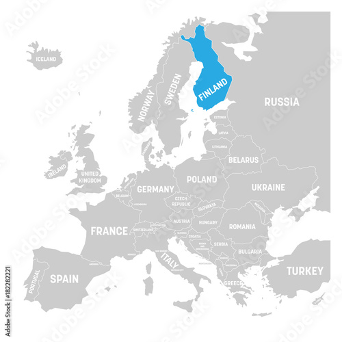 Finland marked by blue in grey political map of Europe. Vector illustration.