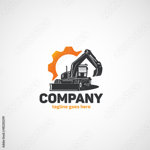 Vector wheeled excavator and gear logo.