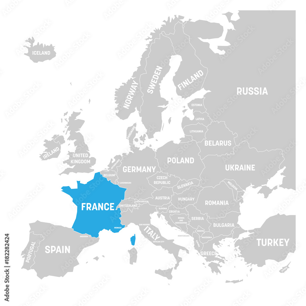Fototapeta premium Francja oznaczona kolorem niebieskim na szarym politycznej mapie Europy. Ilustracji wektorowych.