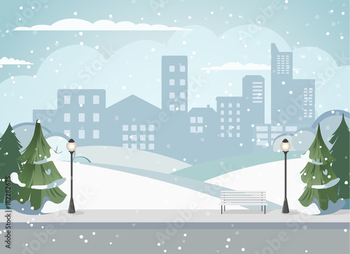 Cityscape of a big metropolis. Calm street. Flat picture of the city. Winter Park, green trees in the city. Urban background. Background with houses. Cozy property. Snowy Alley for walks in the park