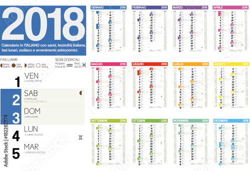 2018 italian calendar with italian holidays, zodiac , saints and moon phases