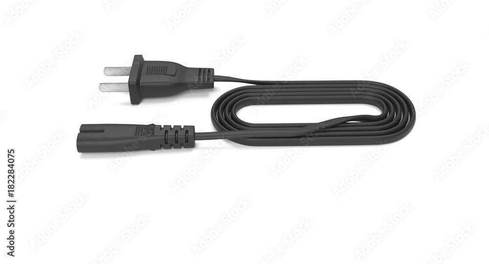 3D rendering - power cable with iec-c7 connector isolated on white background. 3D rendering - power cable with iec-c7 connector isolated on white background.