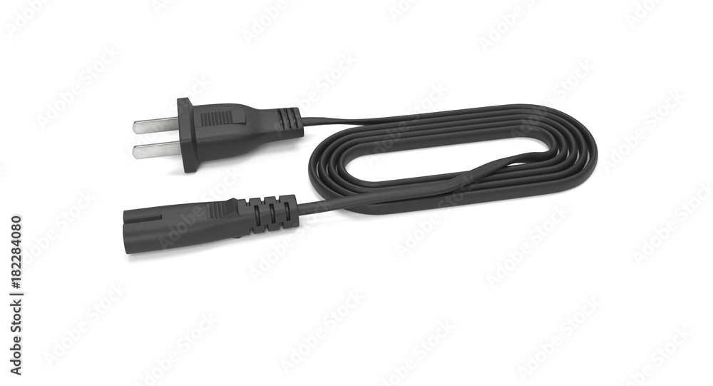 3D rendering - power cable with iec-c7 connector isolated on white background. 3D rendering - power cable with iec-c7 connector isolated on white background.