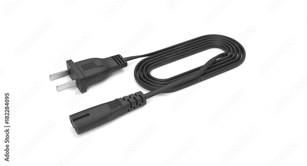 3D rendering - power cable with iec-c7 connector isolated on white background. 3D rendering - power cable with iec-c7 connector isolated on white background.