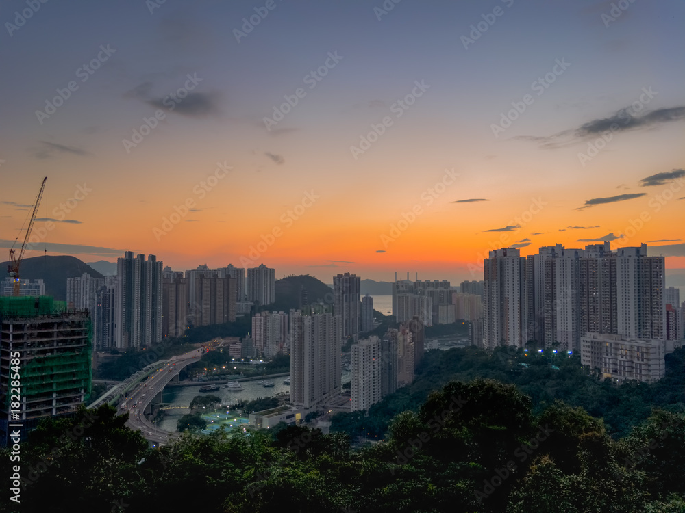 Stunning light of Sunset over Aberdeen And Ap Lei Chau district of Hong Kong