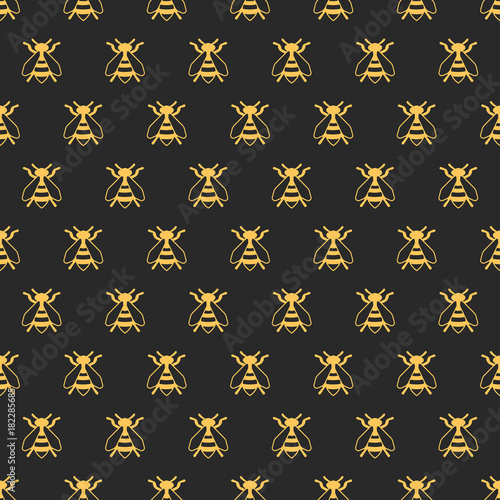 Insect pattern. Vector modern seamless pattern with outline golden bees isolated on black background.