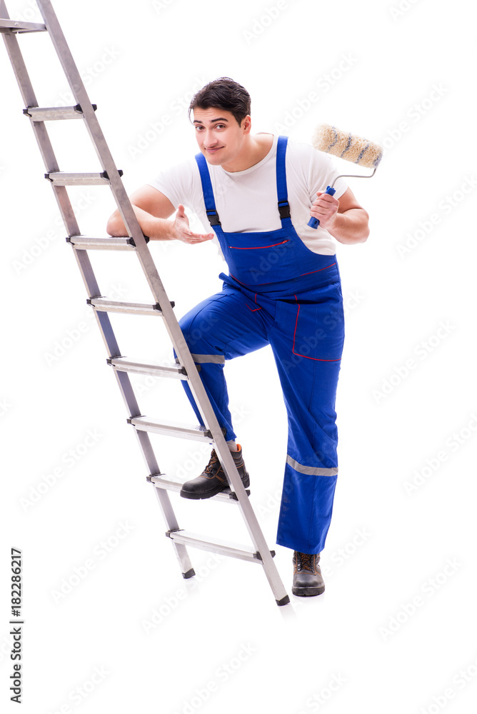 Young painter man with ladder isolated on white background Young painter man with ladder isolated on white background