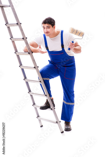 Young painter man with ladder isolated on white background