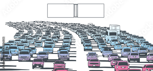 Illustration of rush hour traffic on blocked freeway in color with blank signs