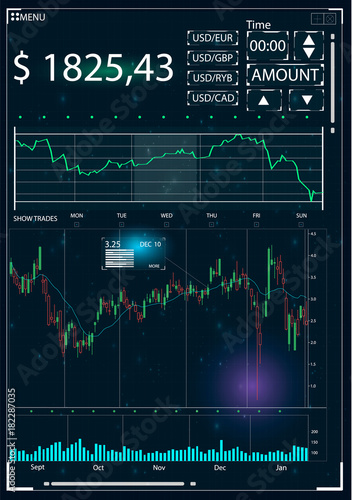 Futuristic user interface for trading applications. Touch interface. Abstract virtual graphic touch user interface. HUD. Blue and white elements. Web elements