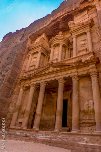 The treasury Al Khazneh carved into the rock at Petra  Jordan.