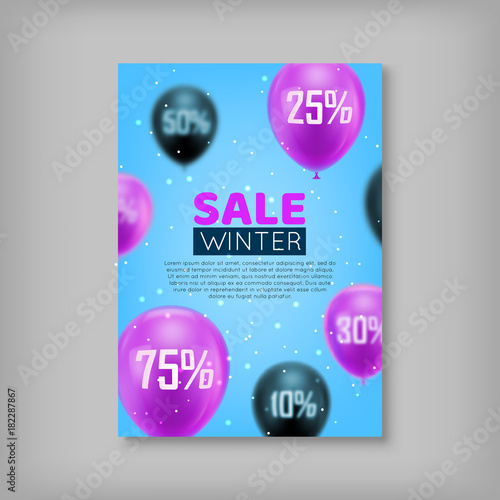 Pair cards, seasonal sale. Winter sale in the form of black and pink balls on a blue background. Vector illustration of flyers for seasonal shopping