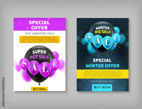 Winter sale, black friday. Posters balls, special offer. Black gasbags on a white and black background surrounded by pink and blue ones, inscription super hot sale. Vector illustration