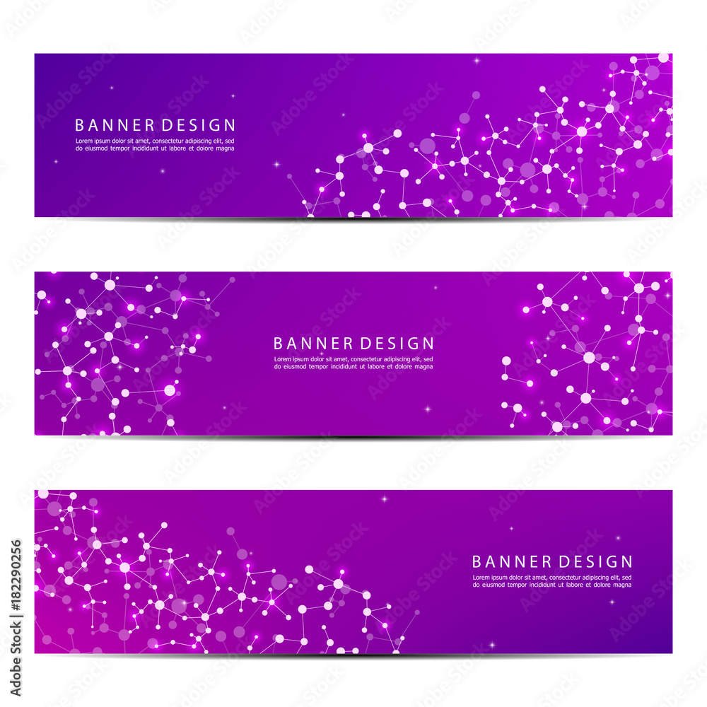 Set of abstract banner design, dna molecule structure background. Geometric graphics and connected lines with dots. Scientific and technological concept, vector illustration