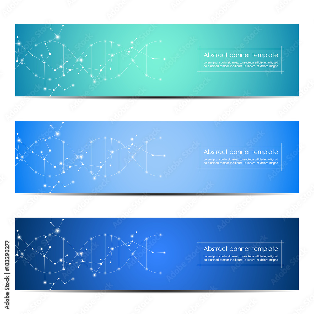 Set of abstract banner design, dna molecule structure background. Geometric graphics and connected lines with dots. Scientific and technological concept, vector illustration Set of abstract banner design, dna molecule structure background. Geometric graphics and connected lines with dots. Scientific and technological concept, vector illustration