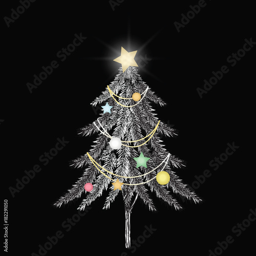 Christmas tree and star for Merry Christmas'day. With line art black and white illustration.