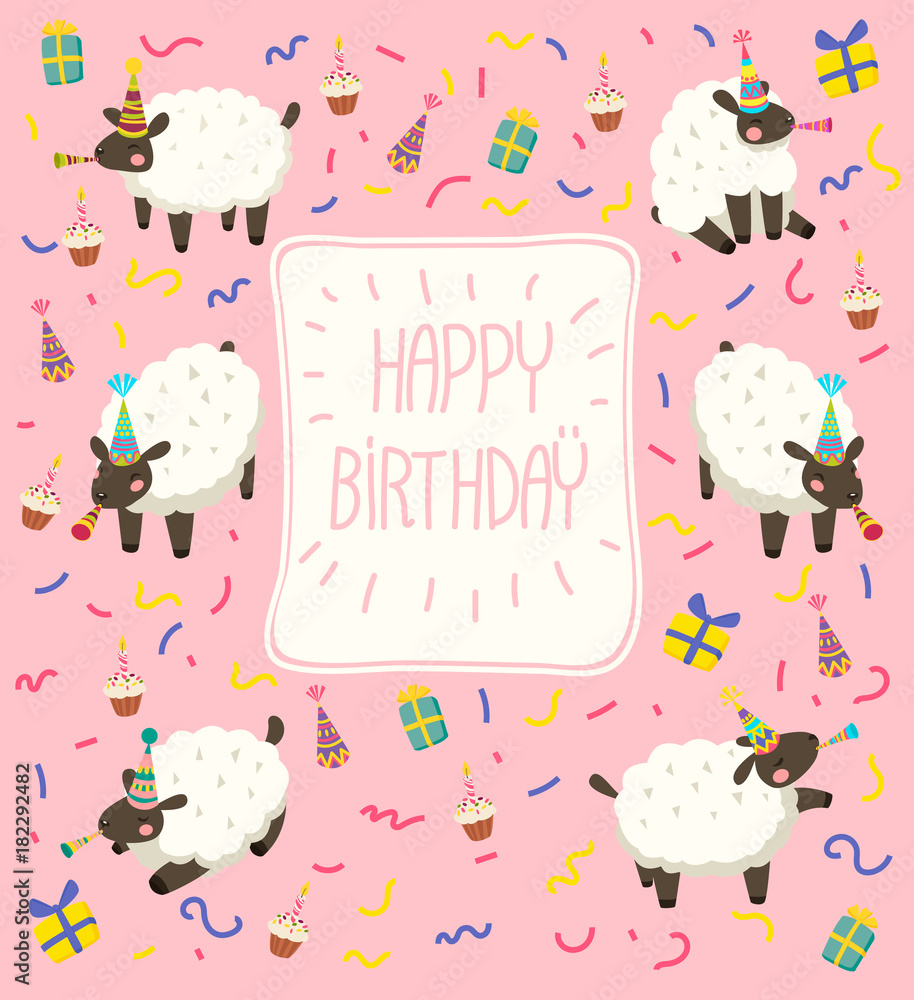Cute Happy Birthday card with lambs on pink background.