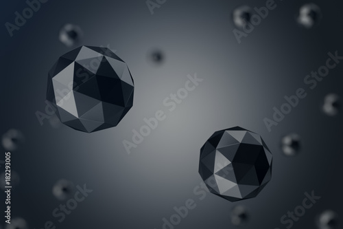 3D Illustration Abstract Background of low polygonal sphere with bokeh effects. Polygonal sphere in black background space. Futuristic Bacgkround for your design.