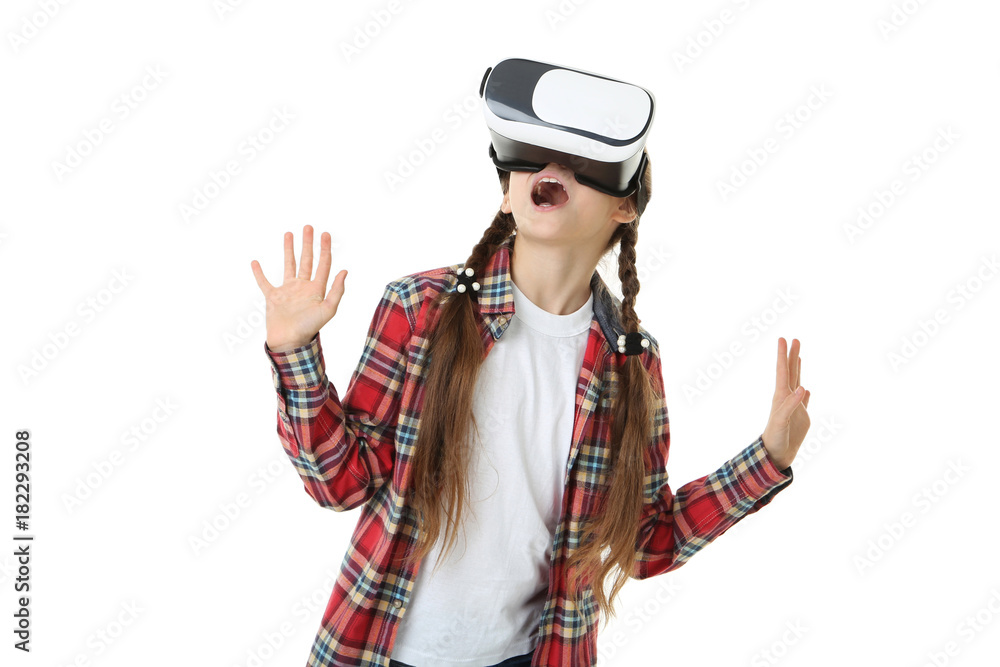 Young girl in virtual reality goggles on white background Young girl in virtual reality goggles on white background