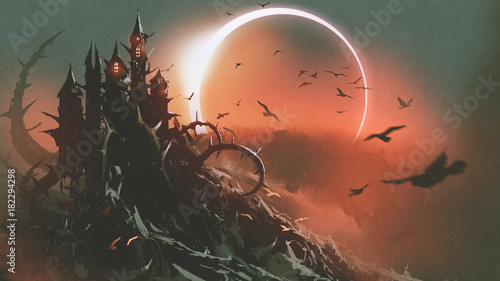 Fotografija scenery of castle of thorn with solar eclipse in dark red sky, digital art style