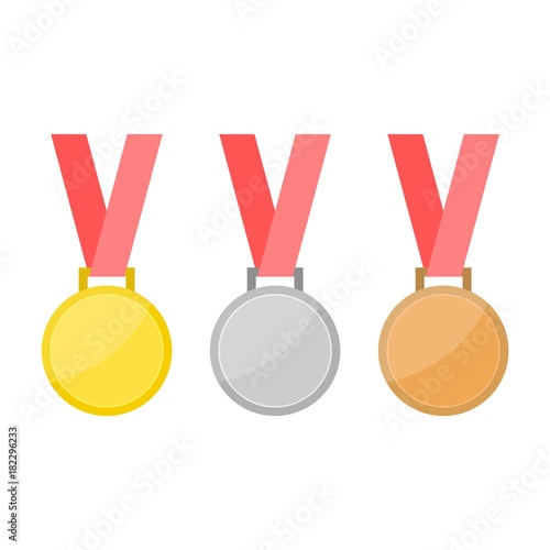 Shiny vector gold, silver and bronze medal set with red ribbons 