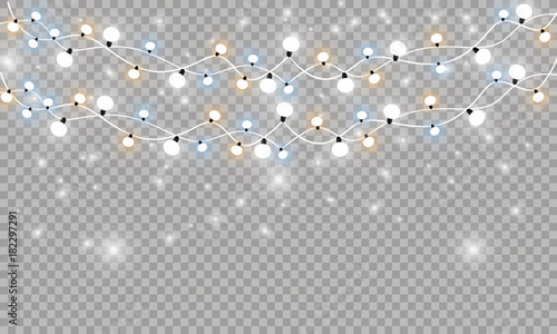 Christmas lights isolated realistic design elements. Glowing lights for Xmas Holiday greeting card design. Garlands, Christmas decorations.