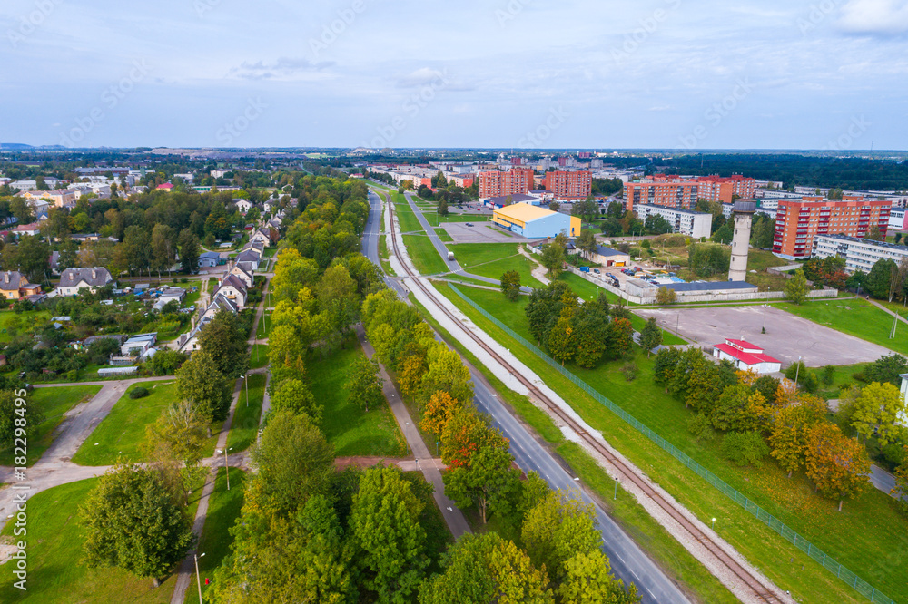 Aerial view of the city at autumn season. Small town. Eastern Europe.