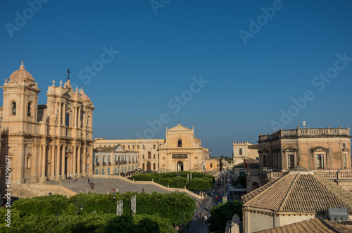 View to roofs of Noto baroque town from bell tower of St. Charles Church (Chiesa di San Carlo), Noto, Sicily, Italy