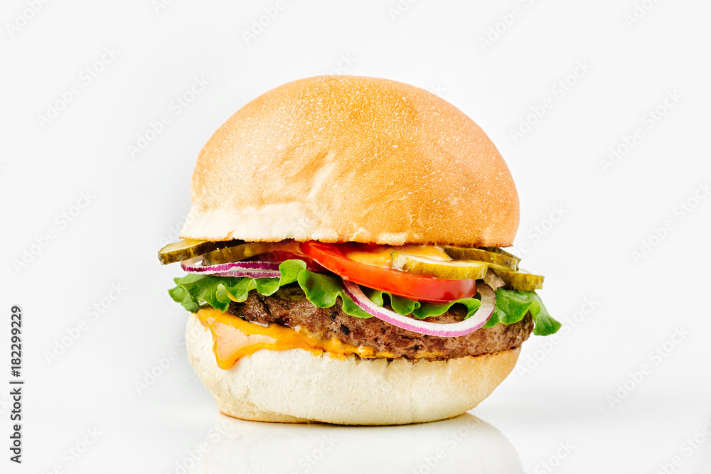 Burger With Beef, Tomato, Cheese, Lettuce and Onion. Close up Burger With Beef, Tomato, Cheese, Lettuce and Onion. Close up