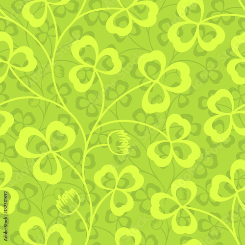 Clover leaves seamless vector pattern. St. Patrick s Day green background. Shamrock wallpaper