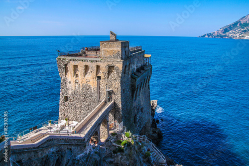 Medieval tower on the coast of Maiori town, Amalfi coast, Campania region, Italy photo