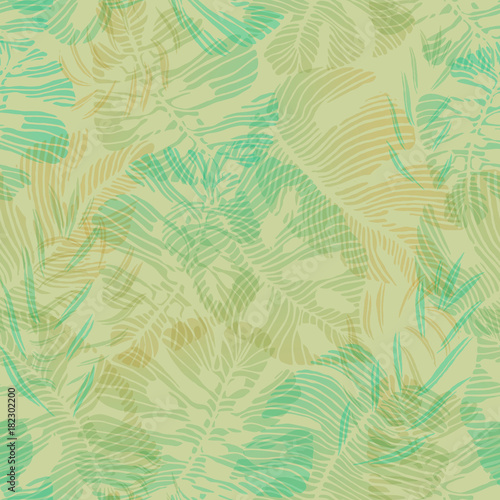 seamless tropical pattern of hand-drawn palm and monstera deliciosa leaves