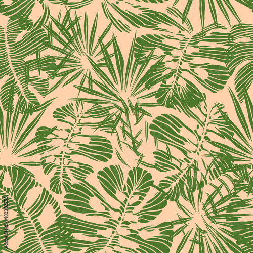 seamless tropical pattern of hand-drawn palm and monstera deliciosa leaves