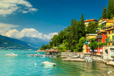 Spectacular cityscape with harbor and colorful buildings, Varenna, Lake Como