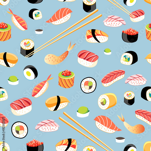 Seamless bright pattern with different sushi