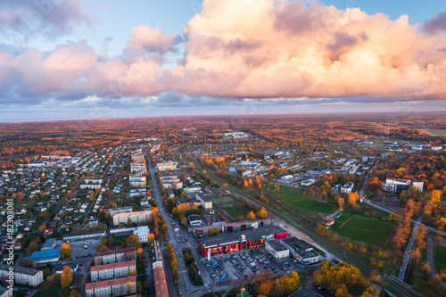 Aerial view of the city at sunset. Beautiful autumn city landscape.