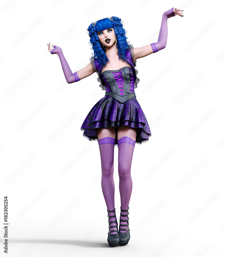 Young beautiful girl with doll face posing photo shoot. Short light purple dress, stockings, shoes. Long blue hair. Bright goth make up. Conceptual fashion art. Realistic 3D render illustration. Young beautiful girl with doll face posing photo shoot. Short light purple dress, stockings, shoes. Long blue hair. Bright goth make up. Conceptual fashion art. Realistic 3D render illustration.