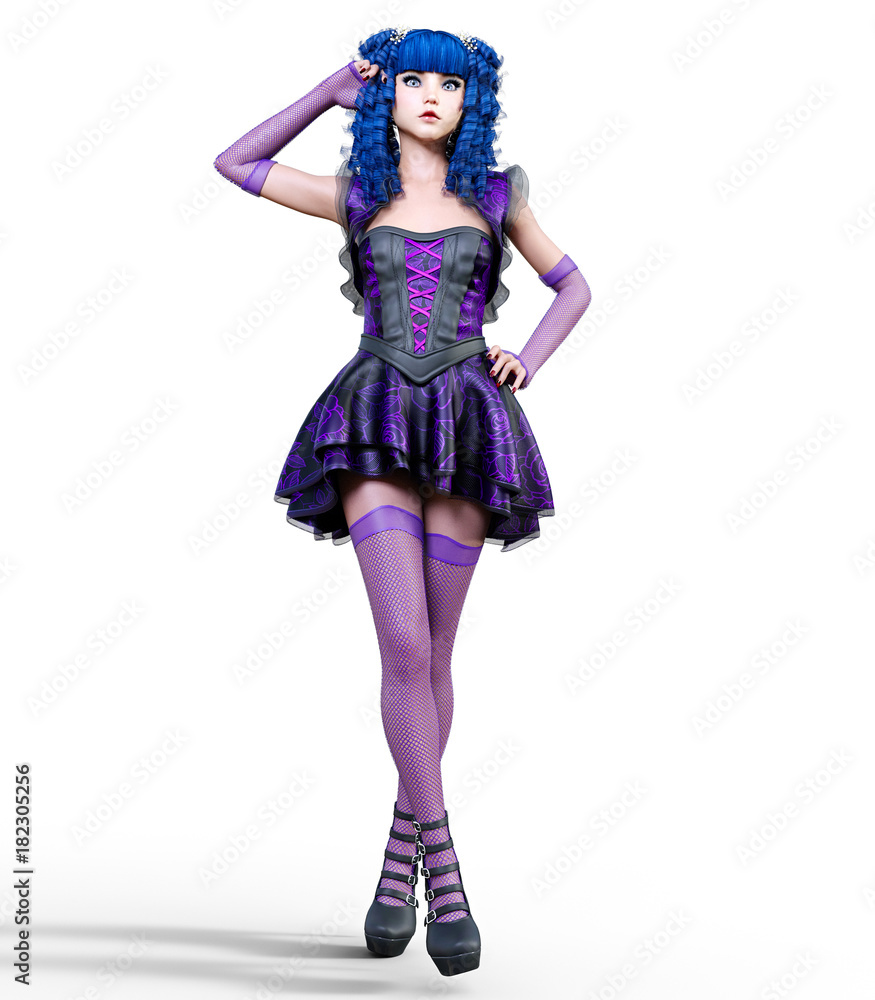 Young beautiful girl with doll face posing photo shoot. Short light purple dress, stockings, shoes. Long blue hair. Bright goth make up. Conceptual fashion art. Realistic 3D render illustration. Young beautiful girl with doll face posing photo shoot. Short light purple dress, stockings, shoes. Long blue hair. Bright goth make up. Conceptual fashion art. Realistic 3D render illustration.