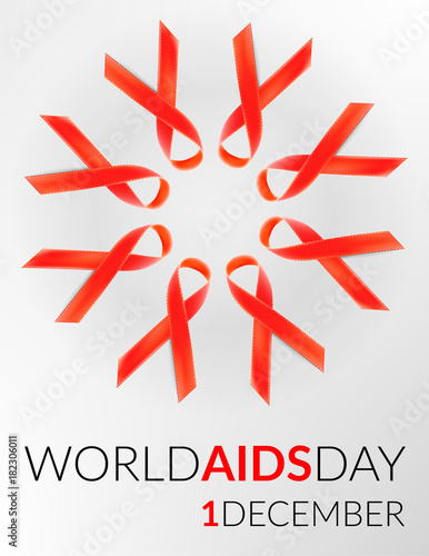 Vector realistic red riibon sign of aids and hiv awareness day and december month. design for poster card or banner