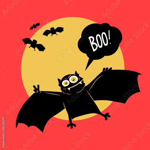 Vector illustration. Comical devil horror flying bat. Halloween.