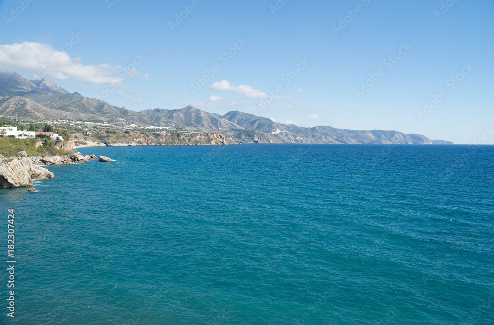A view from Balcon de Europa (Balcony of Europe) in Nerja, Malaga province, Andalusia, Spain.