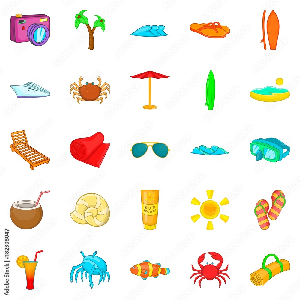 Seaside icons set, cartoon style