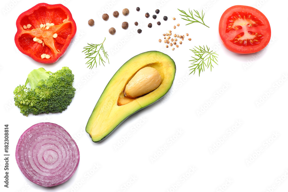 healthy food. mix of avocado, tomato, red onion, sweet bell pepper and rucola leaves isolated on white background top view healthy food. mix of avocado, tomato, red onion, sweet bell pepper and rucola leaves isolated on white background top view