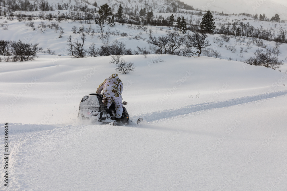 Man driving snowmobile in the snow, seen from behind