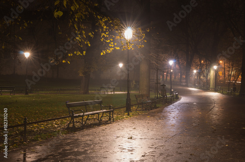 Planty park in the night, Krakow, Poland